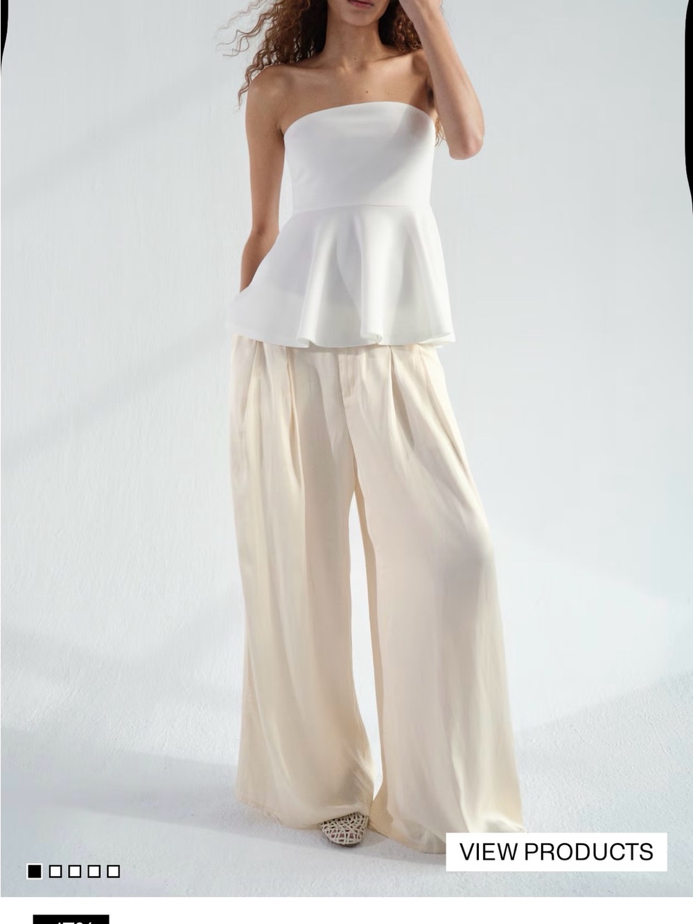 Strapless Peplum Top and Wide-Leg Pants Set - White/Cream